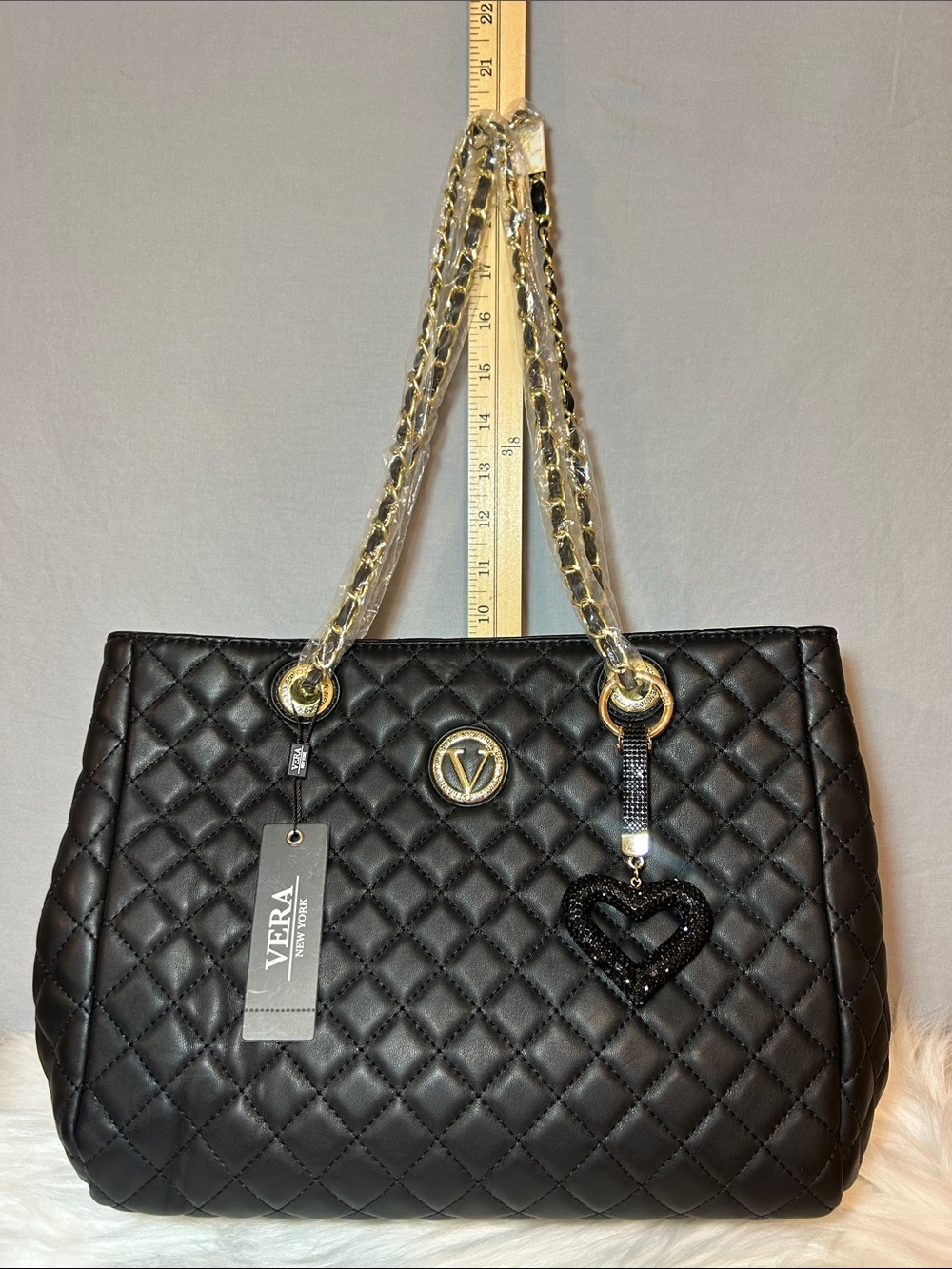 Vera New York Quilted Black Tote Bag with Removable Black Heart Charm